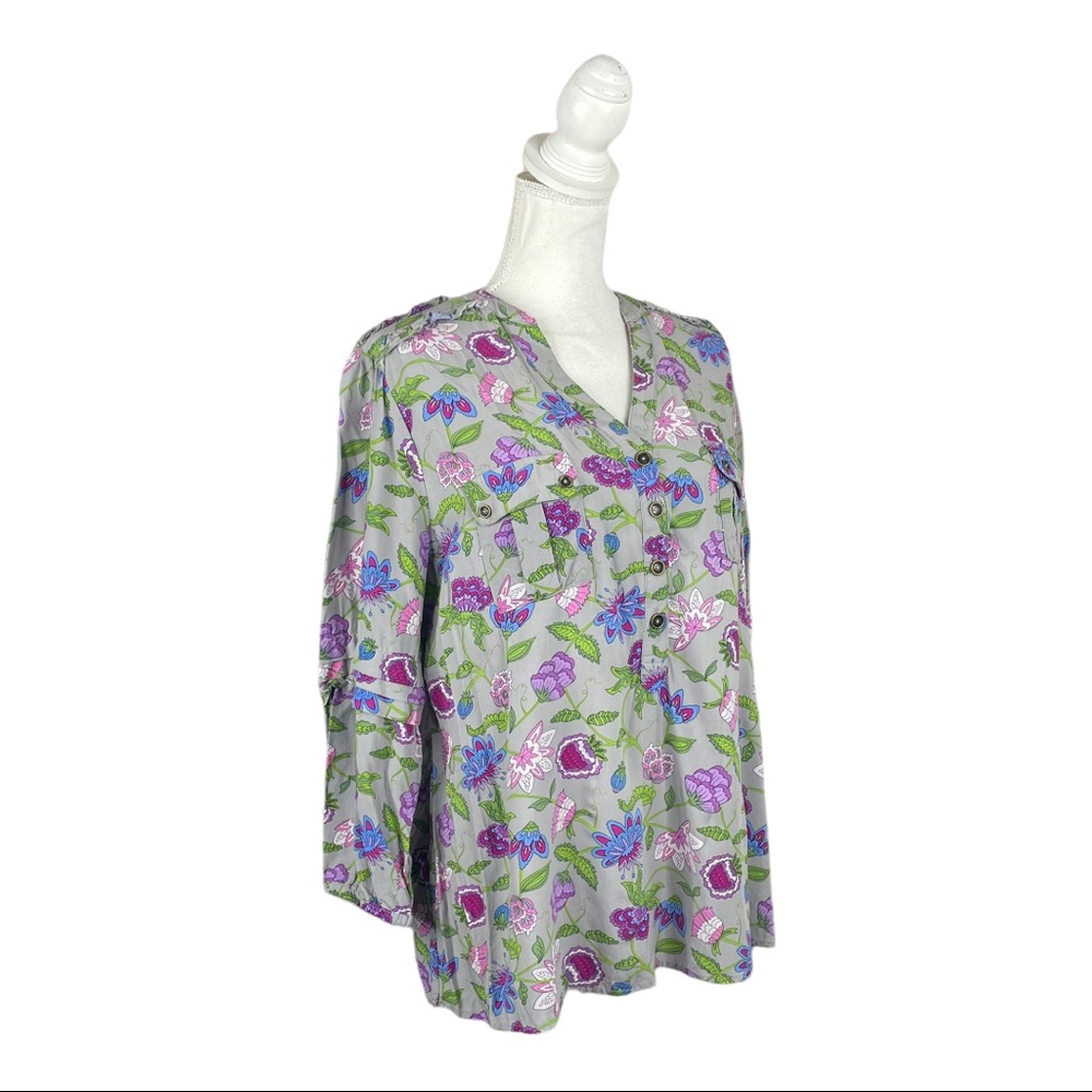 Matilda Jane Thinking Out Loud Top Grey Purple Blue Grey Floral Print Henley - Picture 4 of 11
